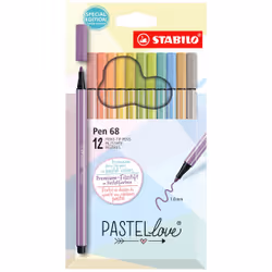 STABILO Pen 68, Moyen, 12 couleurs, Beige, Bleu, Vert, Vert clair, Orange, Pastel, Pêche, Violet, Jaune, Fibre, 1 mm, Multico ...