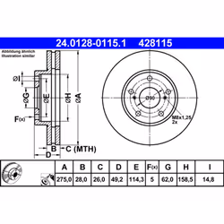 Disque de frein ATE 24.0128-0115.1 avant, ventilé, 1 pièce