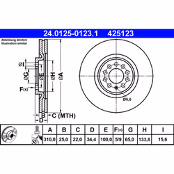Disque de frein ATE 24.0125-0123.1 avant, ventilé, à haute teneur en carbone, 1 pièce
