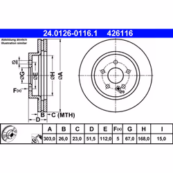 Disque de frein ATE 24.0126-0116.1 avant, ventilé, à haute teneur en carbone, 1 pièce