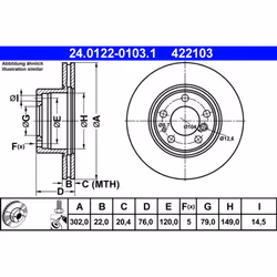Disque de frein ATE 24.0122-0103.1 avant, ventilé, à haute teneur en carbone, 1 pièce