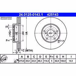 Disque de frein ATE 24.0125-0143.1 avant, ventilé, 1 pièce