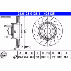 Disque de frein ATE 24.0128-0125.1 avant, ventilé, à haute teneur en carbone, 1 pièce