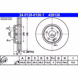 Disque de frein ATE 24.0128-0126.1 avant, ventilé, à haute teneur en carbone, 1 pièce