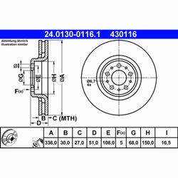 Disque de frein ATE 24.0130-0116.1 avant, ventilé, à haute teneur en carbone, 1 pièce