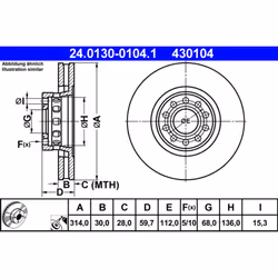 Disque de frein ATE 24.0130-0104.1 avant, ventilé, à haute teneur en carbone, 1 pièce