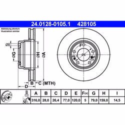 Disque de frein ATE 24.0128-0105.1 avant, ventilé, à haute teneur en carbone, 1 pièce