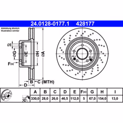 Disque de frein ATE 24.0128-0177.1 avant, ventilé, à haute teneur en carbone, 1 pièce