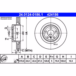 Disque de frein ATE 24.0124-0186.1 arrière, ventilé, à haute teneur en carbone, 1 pièce