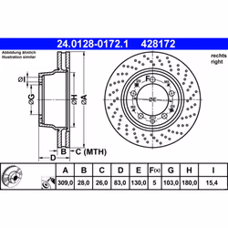 Disque de frein ATE 24.0128-0172.1 arrière, ventilé, à haute teneur en carbone, 1 pièce