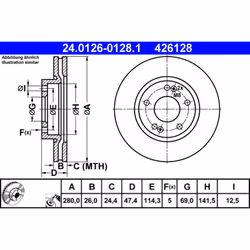 Disque de frein ATE 24.0126-0128.1 avant, ventilé, à haute teneur en carbone, 1 pièce