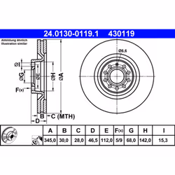 Disque de frein ATE 24.0130-0119.1 avant, ventilé, à haute teneur en carbone, 1 pièce