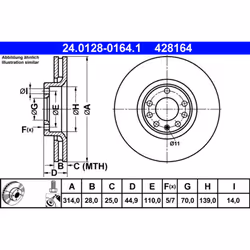 Disque de frein ATE 24.0128-0164.1 avant, ventilé, à haute teneur en carbone, 1 pièce