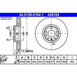 Disque de frein ATE 24.0128-0164.1 avant, ventilé, à haute teneur en carbone, 1 pièce