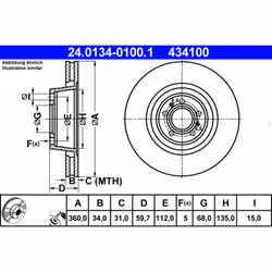 Disque de frein ATE 24.0134-0100.1 avant, ventilé, à haute teneur en carbone, 1 pièce