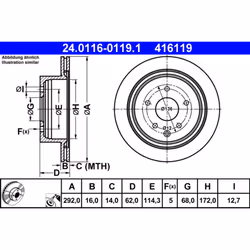Disque de frein ATE 24.0116-0119.1 arrière, ventilé, 1 pièce
