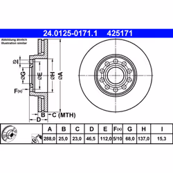 Disque de frein ATE 24.0125-0171.1 avant, ventilé, à haute teneur en carbone, 1 pièce