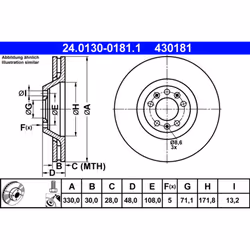 Disque de frein ATE 24.0130-0181.1 avant, ventilé, 1 pièce