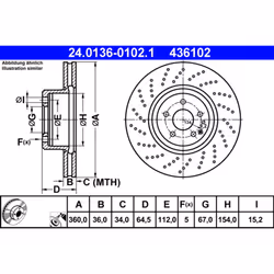Disque de frein ATE 24.0136-0102.1 avant, ventilé, à haute teneur en carbone, 1 pièce
