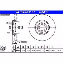 Disque de frein ATE 24.0125-0113.1 avant, ventilé, à haute teneur en carbone, 1 pièce