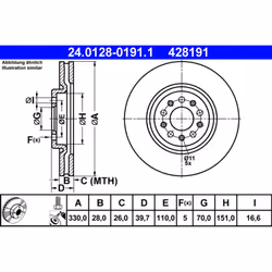 Disque de frein ATE 24.0128-0191.1 avant, ventilé, 1 pièce