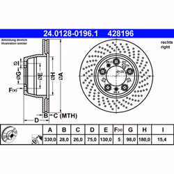 Disque de frein ATE 24.0128-0196.1 arrière, ventilé, à haute teneur en carbone, 1 pièce