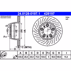 Disque de frein ATE 24.0128-0197.1 arrière, ventilé, à haute teneur en carbone, 1 pièce