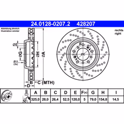 Disque de frein ATE 24.0128-0207.2 avant, ventilé, à haute teneur en carbone, 1 pièce