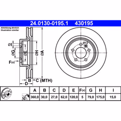 Disque de frein ATE 24.0130-0195.1 avant, ventilé, 1 pièce