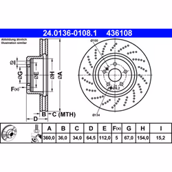 Disque de frein ATE 24.0136-0108.1 avant, ventilé, à haute teneur en carbone, 1 pièce