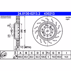 Disque de frein ATE 24.0130-0213.2 avant, ventilé, à haute teneur en carbone, 1 pièce