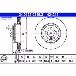 Disque de frein ATE 24.0124-0219.2 arrière, ventilé, à haute teneur en carbone, 1 pièce