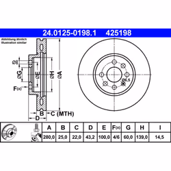 Disque de frein ATE 24.0125-0198.1 avant, ventilé, à haute teneur en carbone, 1 pièce