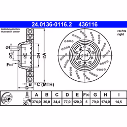 Disque de frein ATE 24.0136-0116.2 avant, ventilé, à haute teneur en carbone, 1 pièce