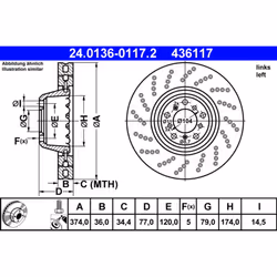 Disque de frein ATE 24.0136-0117.2 avant, ventilé, à haute teneur en carbone, 1 pièce