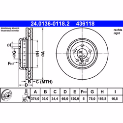 Disque de frein ATE 24.0136-0118.2 avant, ventilé, à haute teneur en carbone, 1 pièce