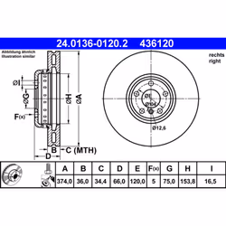 Disque de frein ATE 24.0136-0120.2 avant, ventilé, à haute teneur en carbone, 1 pièce