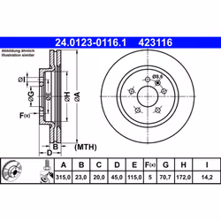 Disque de frein ATE 24.0123-0116.1 arrière, ventilé, 1 pièce