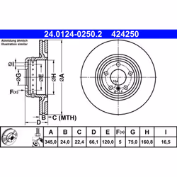 Disque de frein ATE 24.0124-0250.2 arrière, ventilé, à haute teneur en carbone, 1 pièce