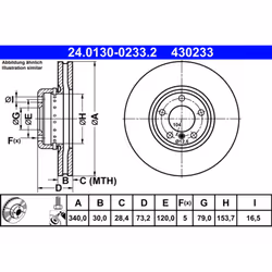 Disque de frein ATE 24.0130-0233.2 avant, ventilé, à haute teneur en carbone, 1 pièce