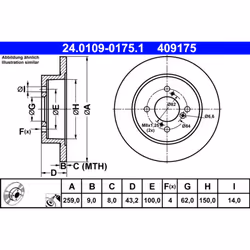 Disque de frein ATE 24.0109-0175.1 arrière, plein, 1 pièce