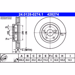 Disque de frein ATE 24.0128-0274.1 avant, ventilé, à haute teneur en carbone, 1 pièce