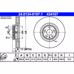Disque de frein ATE 24.0134-0107.1 avant, ventilé, à haute teneur en carbone, 1 pièce