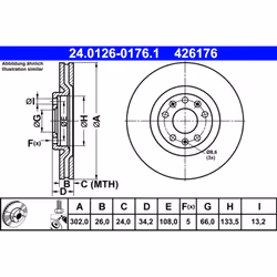 Disque de frein ATE 24.0126-0176.1 avant, ventilé, à haute teneur en carbone, 1 pièce