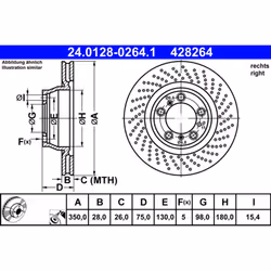 Disque de frein ATE 24.0128-0264.1 arrière, ventilé, à haute teneur en carbone, 1 pièce