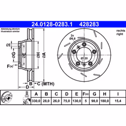 Disque de frein ATE 24.0128-0283.1 arrière, rainuré, à haute teneur en carbone, 1 pièce