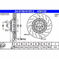 Disque de frein ATE 24.0136-0125.2 avant, ventilé, à haute teneur en carbone, 1 pièce