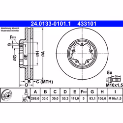 Disque de frein ATE 24.0133-0101.1 avant, ventilé, à haute teneur en carbone, 1 pièce