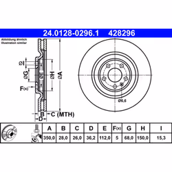 Disque de frein ATE 24.0128-0296.1 arrière, ventilé, à haute teneur en carbone, 1 pièce