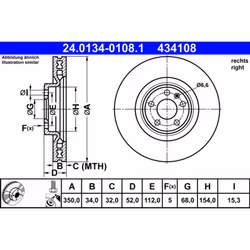 Disque de frein ATE 24.0134-0108.1 avant, ventilé, à haute teneur en carbone, 1 pièce